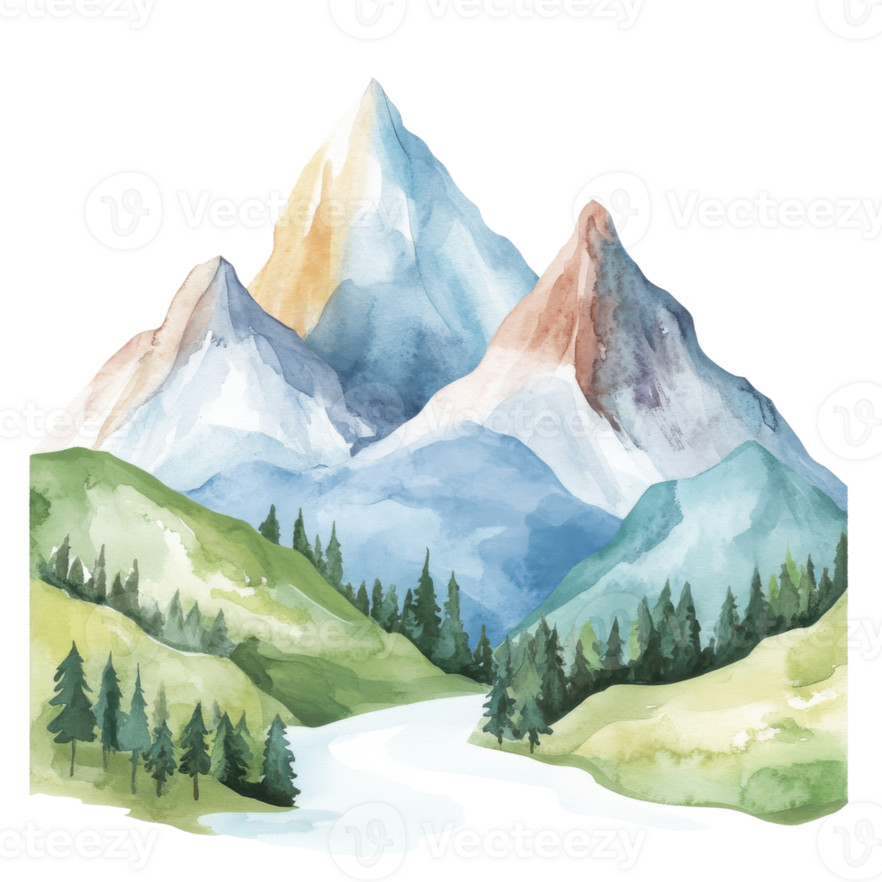 Watercolor mountain scenery on transparent background. png