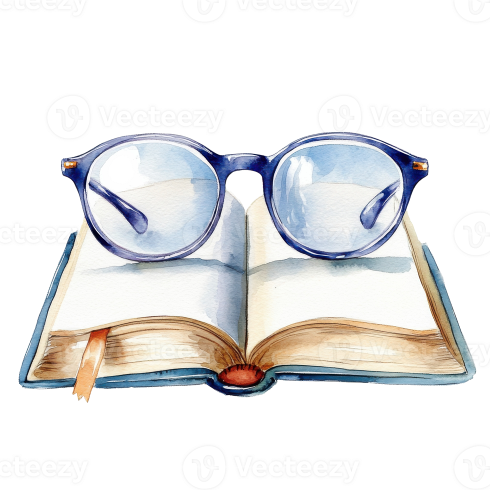 Glasses on an open book art on transparent background. png