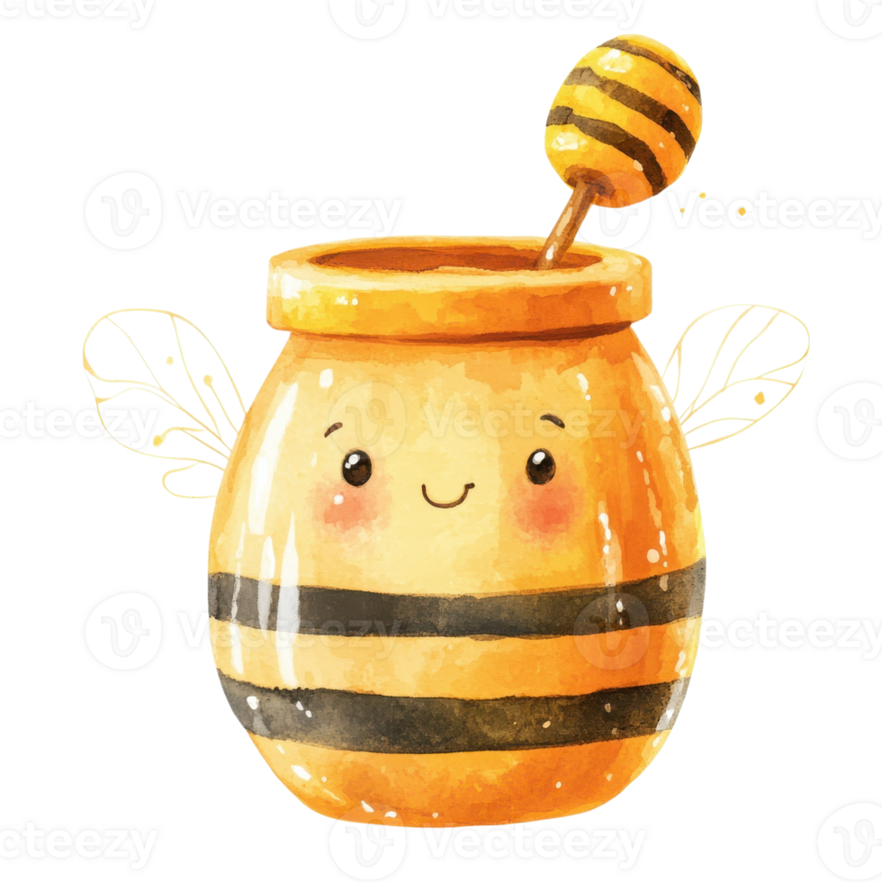 Honey jar with a cute face on transparent background. png