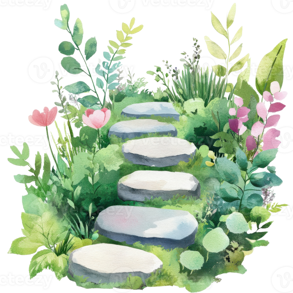A garden path with flowers on transparent background. png