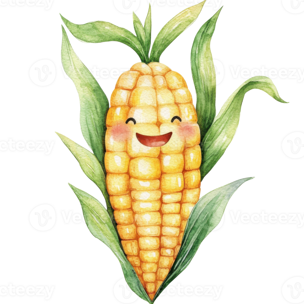 Happy corn with green leaves on transparent background. png