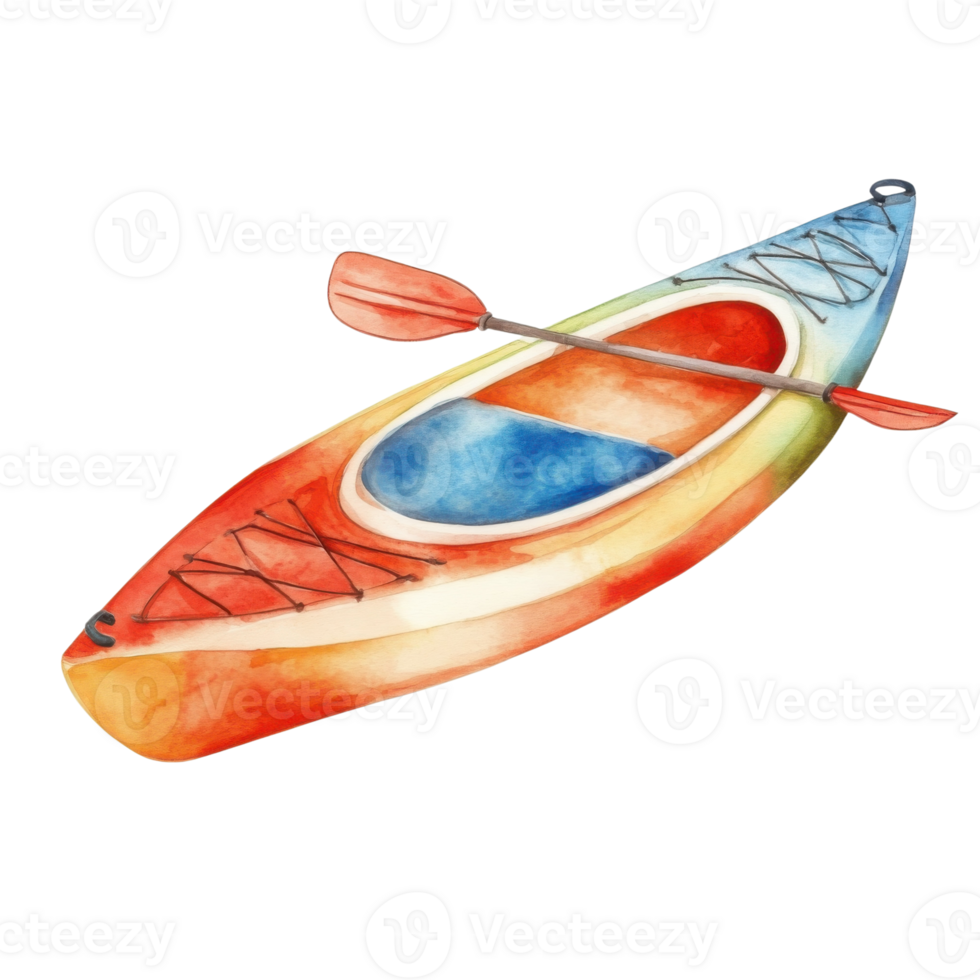 Watercolor kayak and paddle on transparent background. png