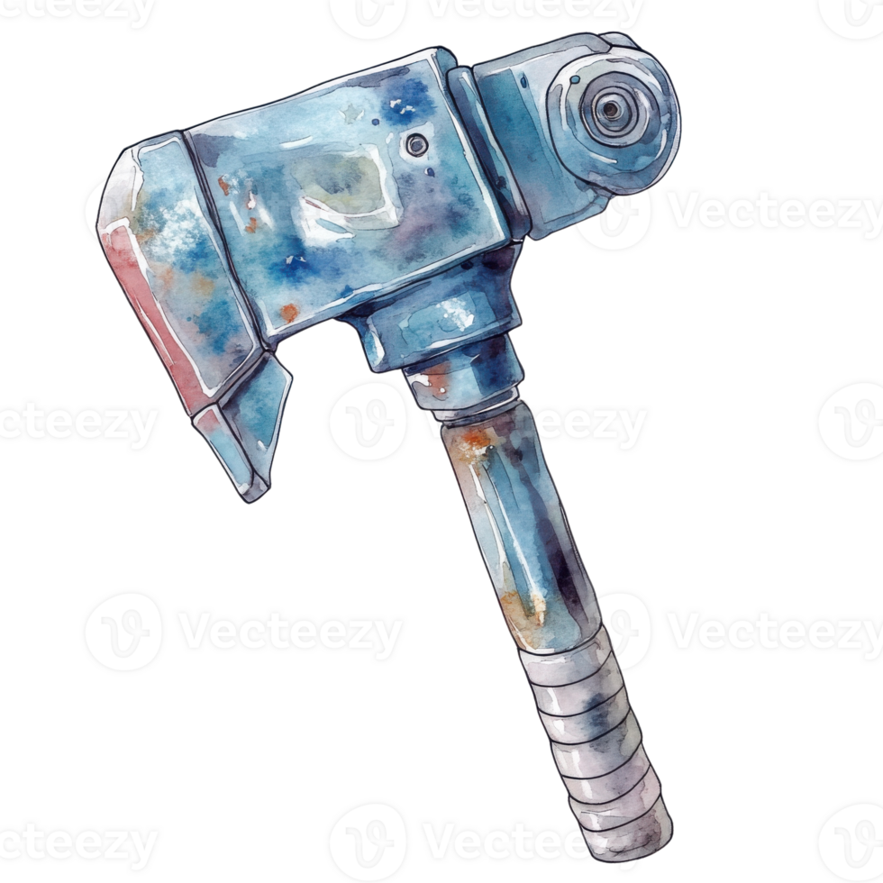 A blue metallic battle axe on transparent background. png
