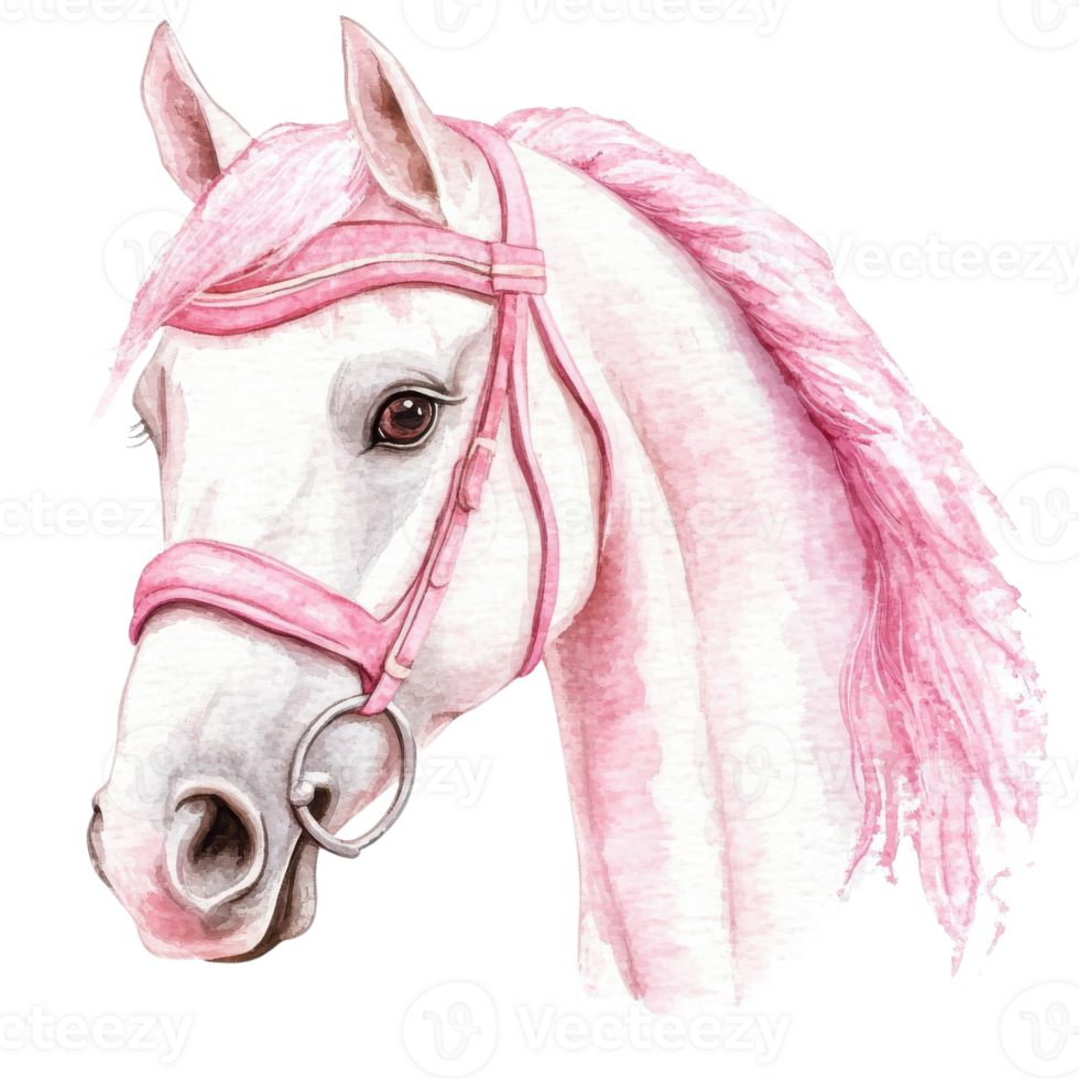 Horse with pink bridle on transparent background. png