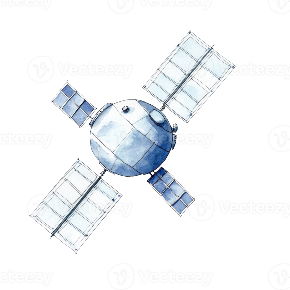 Satellite with solar panels on transparent background. png