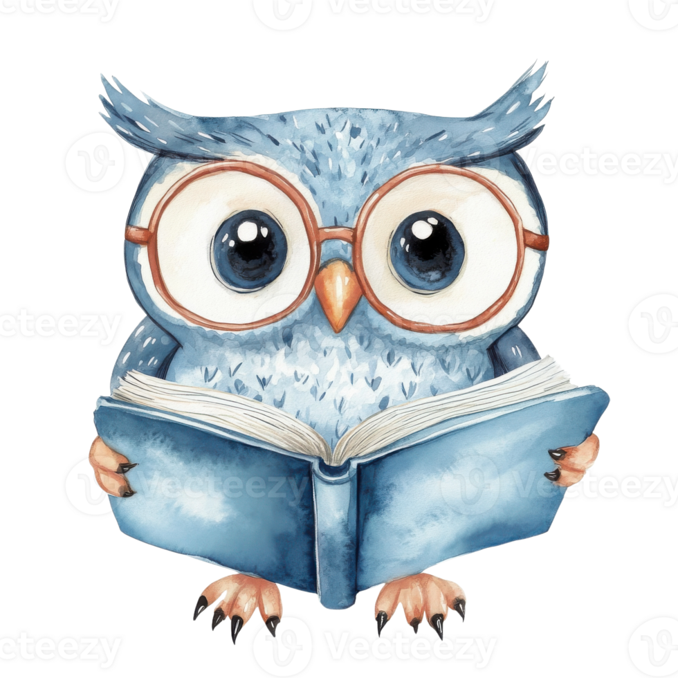 Owl reading a book art on transparent background. png
