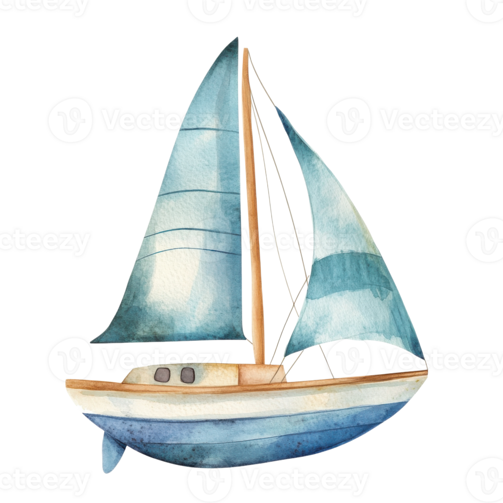 Watercolor sailboat art on transparent background. png