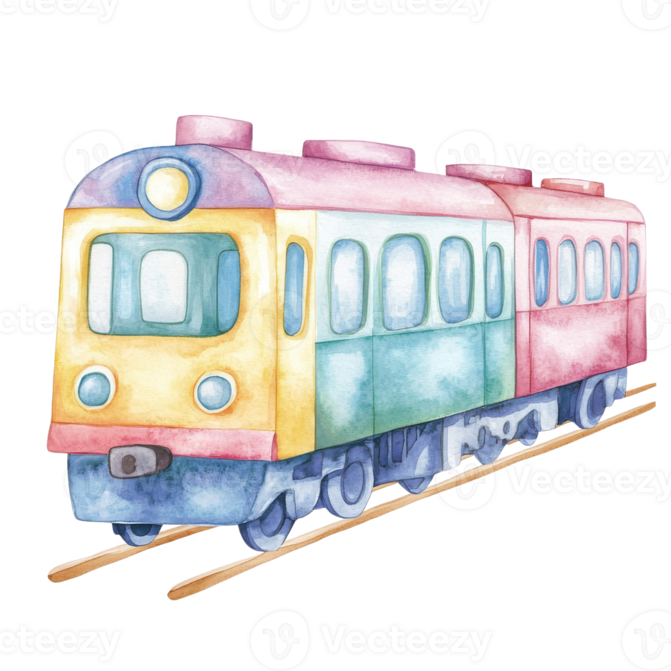 Watercolor cartoon train on transparent background. png