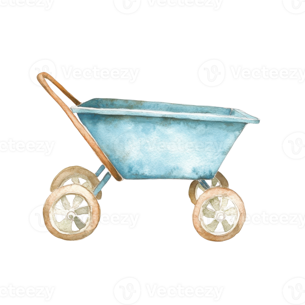 Blue watercolor wheelbarrow on transparent background. png