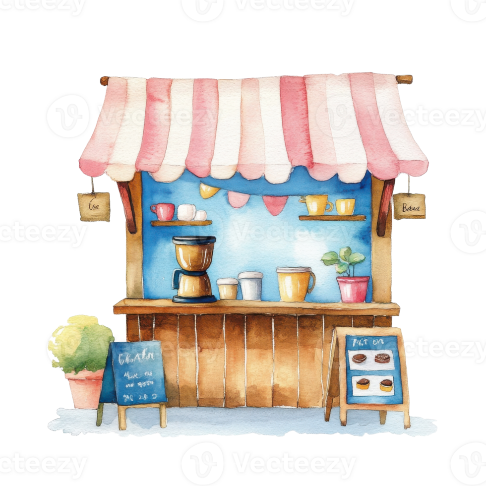 Cute coffee shop stand on transparent background. png