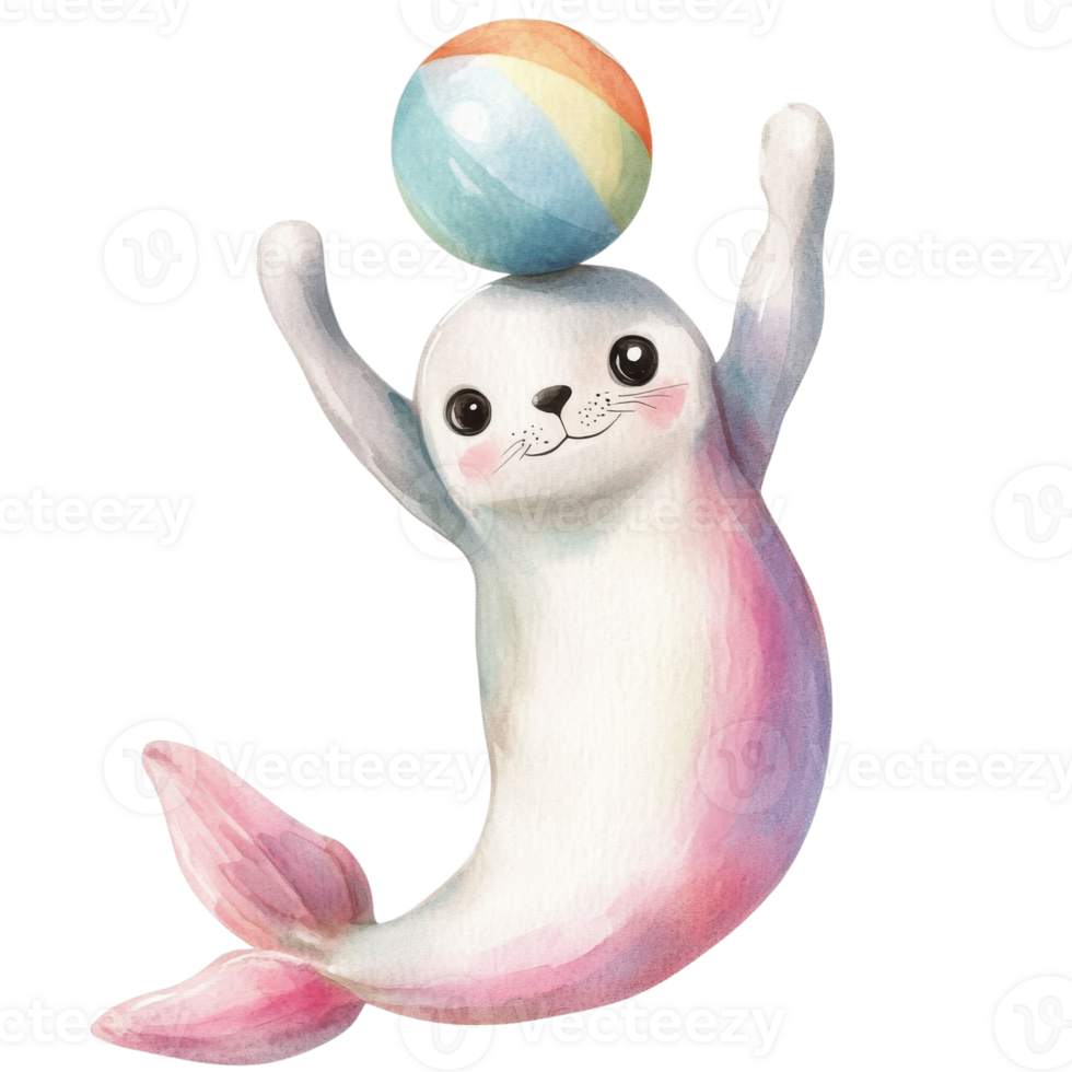 Seal balancing a ball on transparent background. png