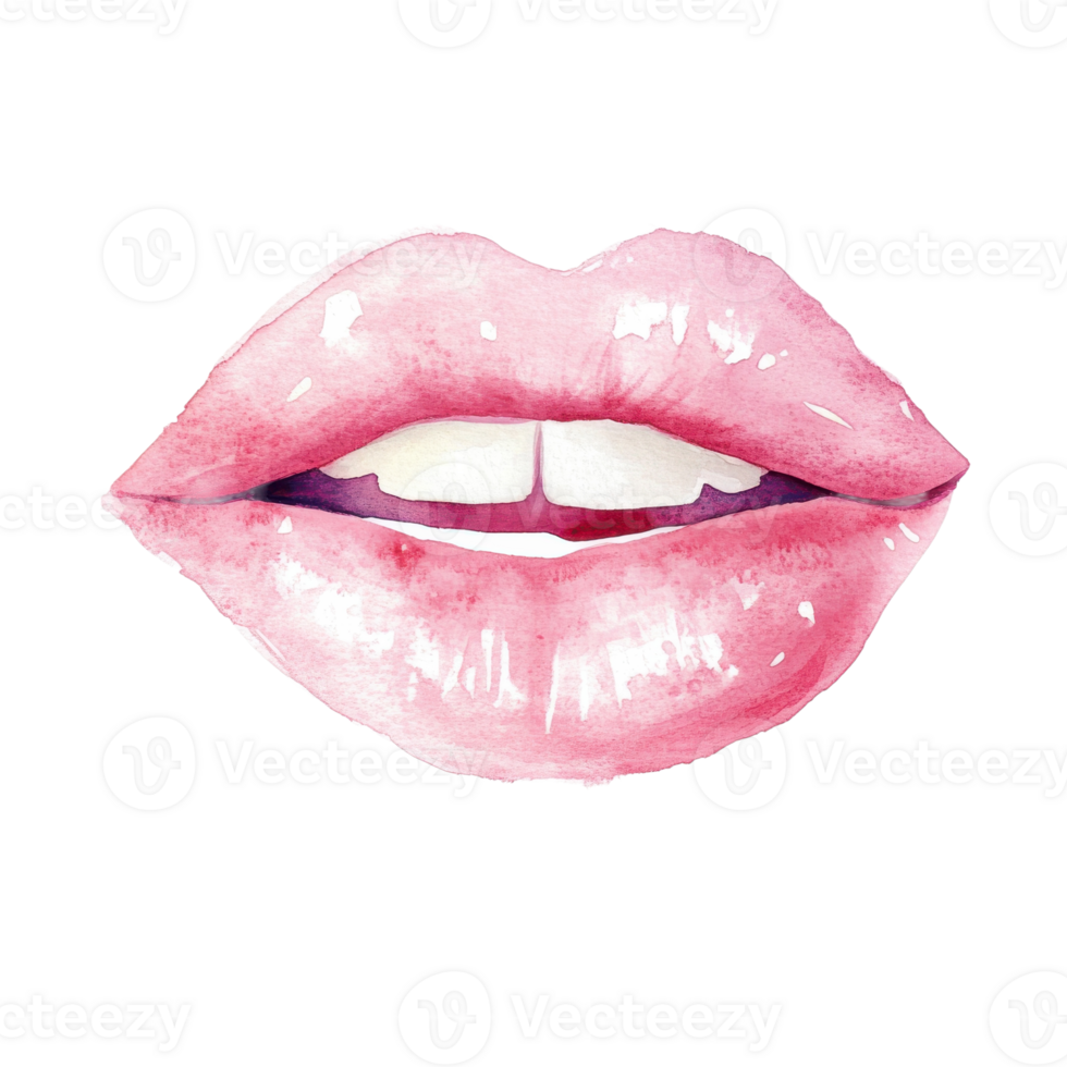 Pink watercolor lips art on transparent background. png