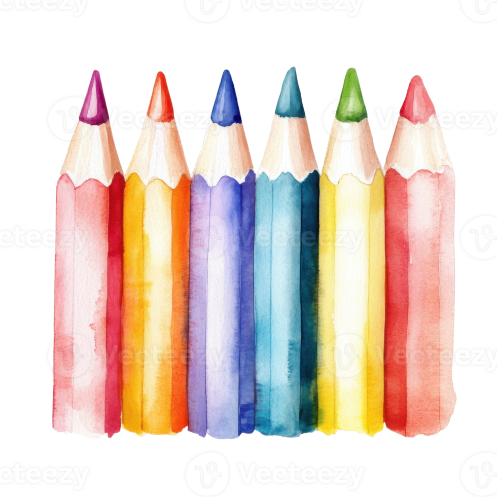 Watercolor pencil lineup on transparent background. png