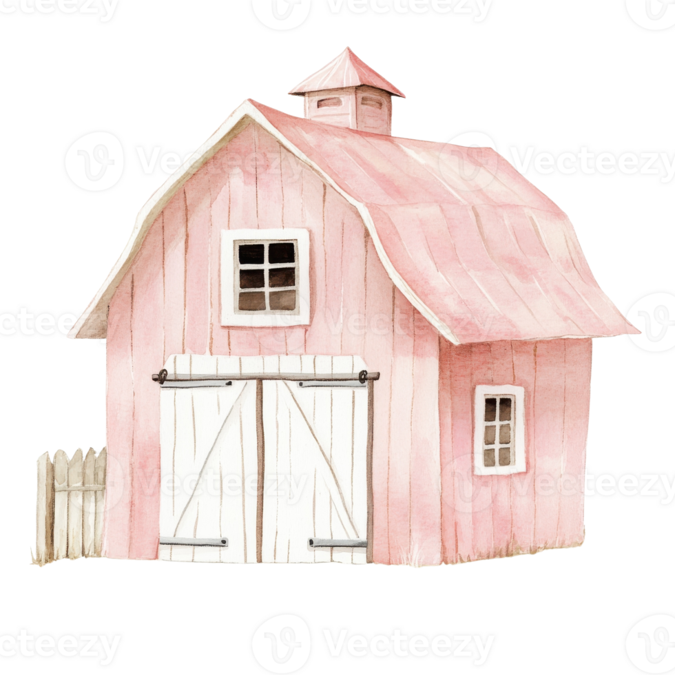 A pink barn watercolor on transparent background. png