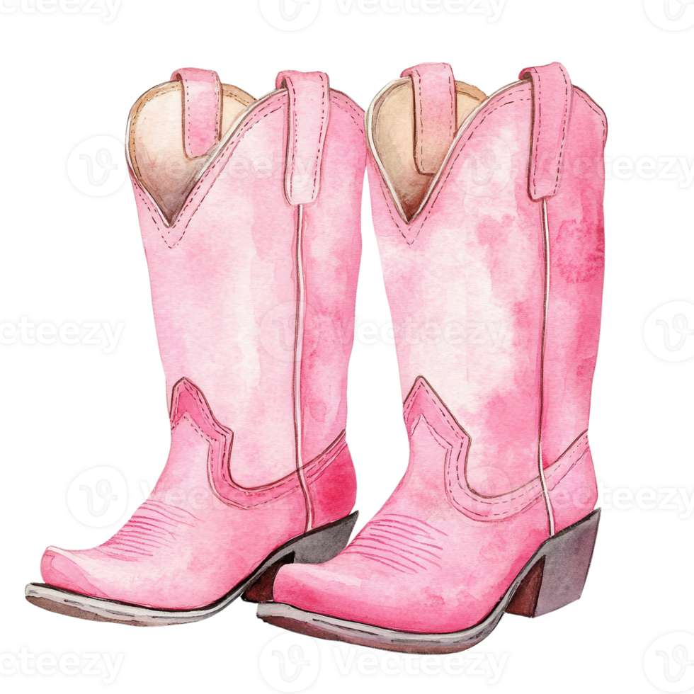 Pink watercolor cowboy boots on transparent background. png