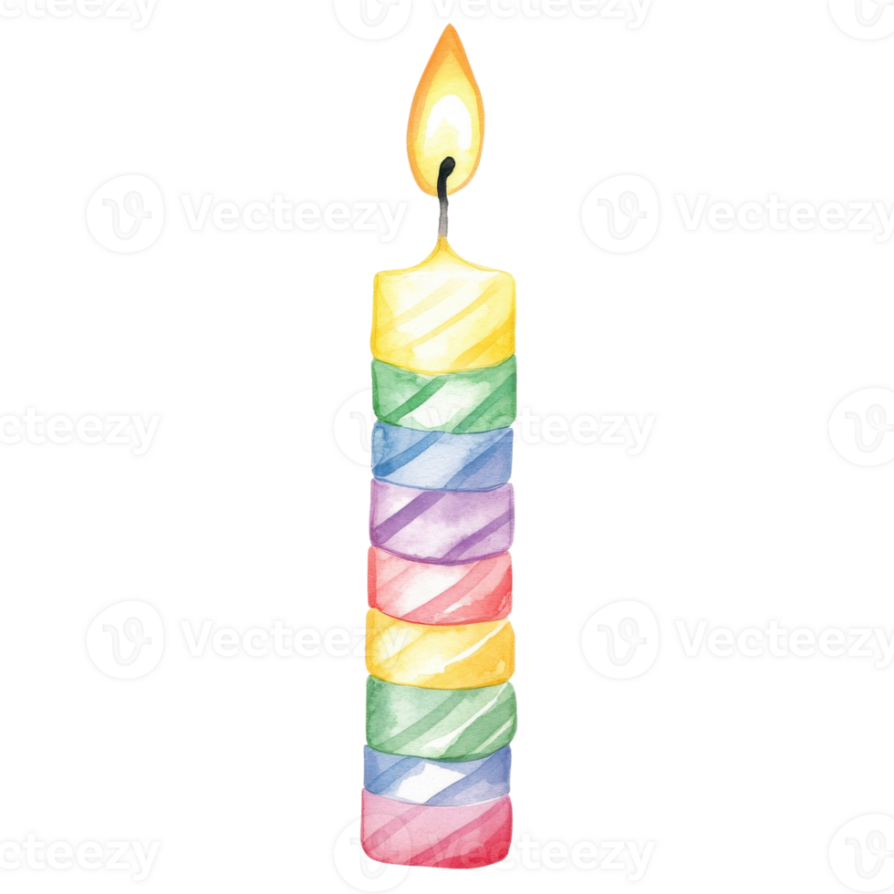 Tall colorful candle lit on transparent background. png