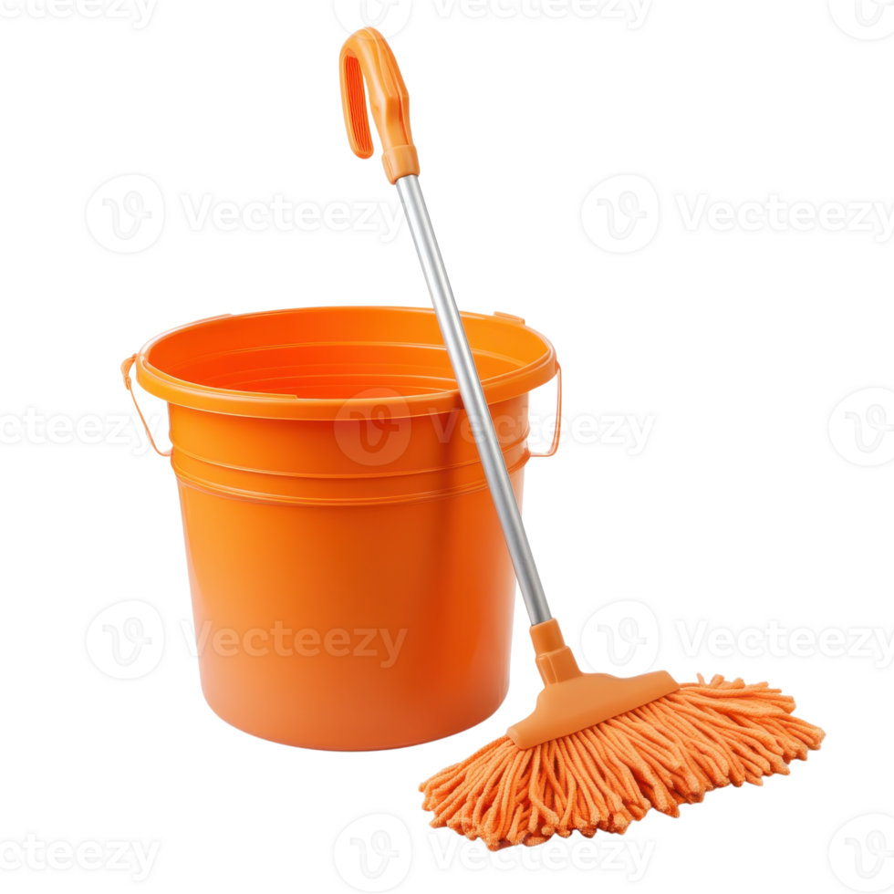 Orange bucket and mop on transparent background png