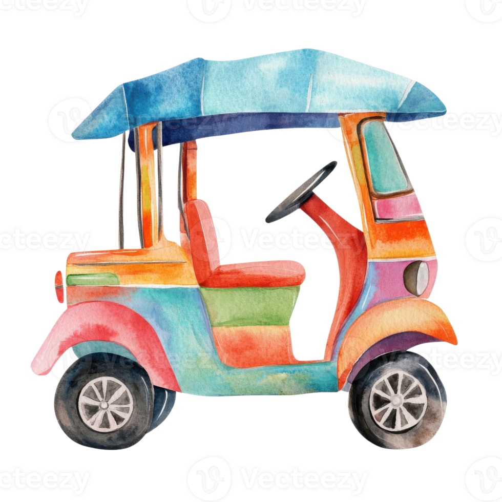 Watercolor painted tuktuk on transparent background png