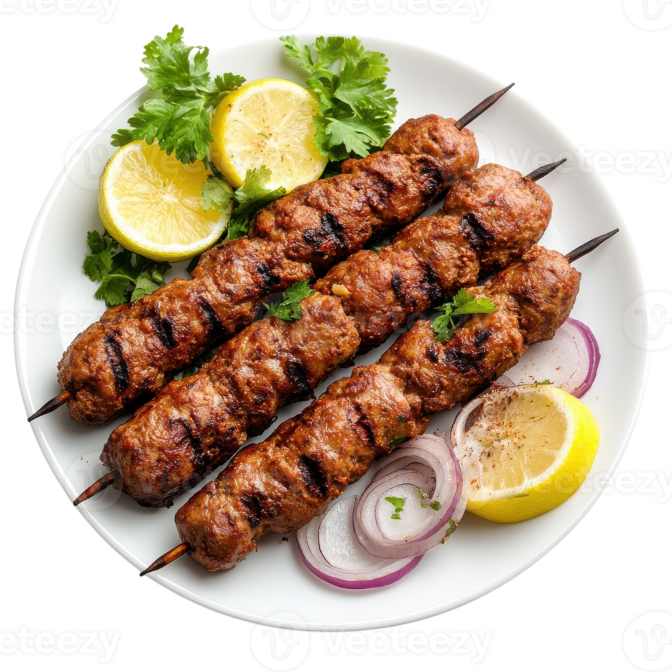Three kebab skewers plate on transparent background png