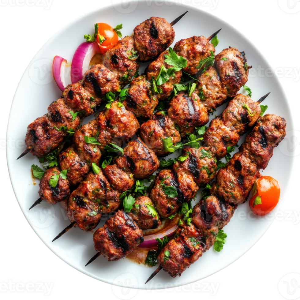 Meat skewers on a plate on transparent background png