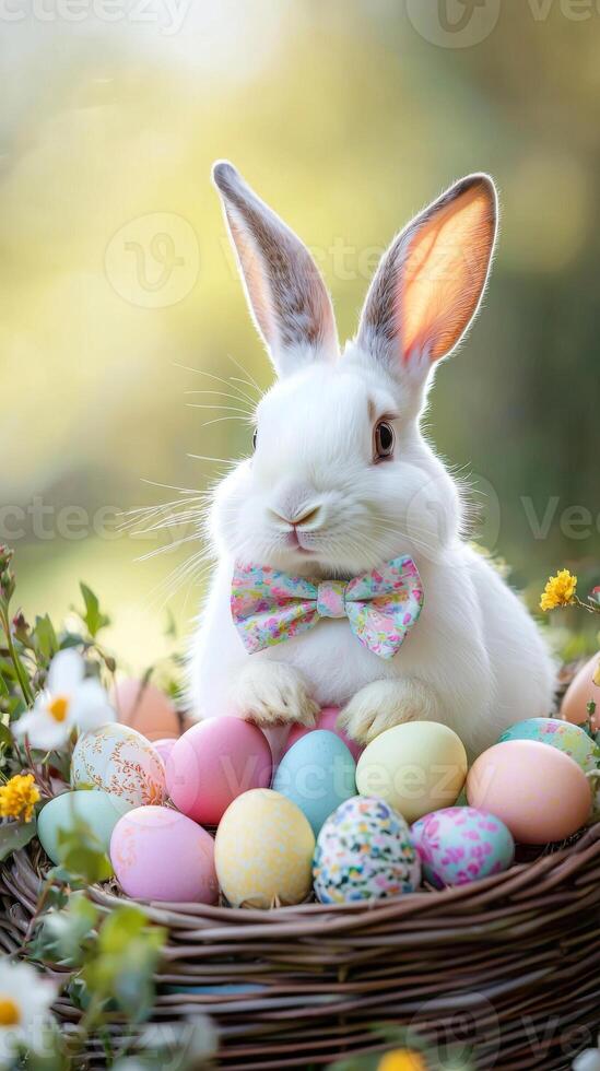Fluffy White Rabbit with Pastel Bow and Colorful Easter Eggs in Basket Art Concept of Festive Spring, Animal Adorable, Holiday Celebration. Vertical photo