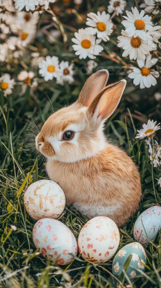 Brown bunny nestled in green grass surrounded by daisies and colorful easter eggs. Vertical photo