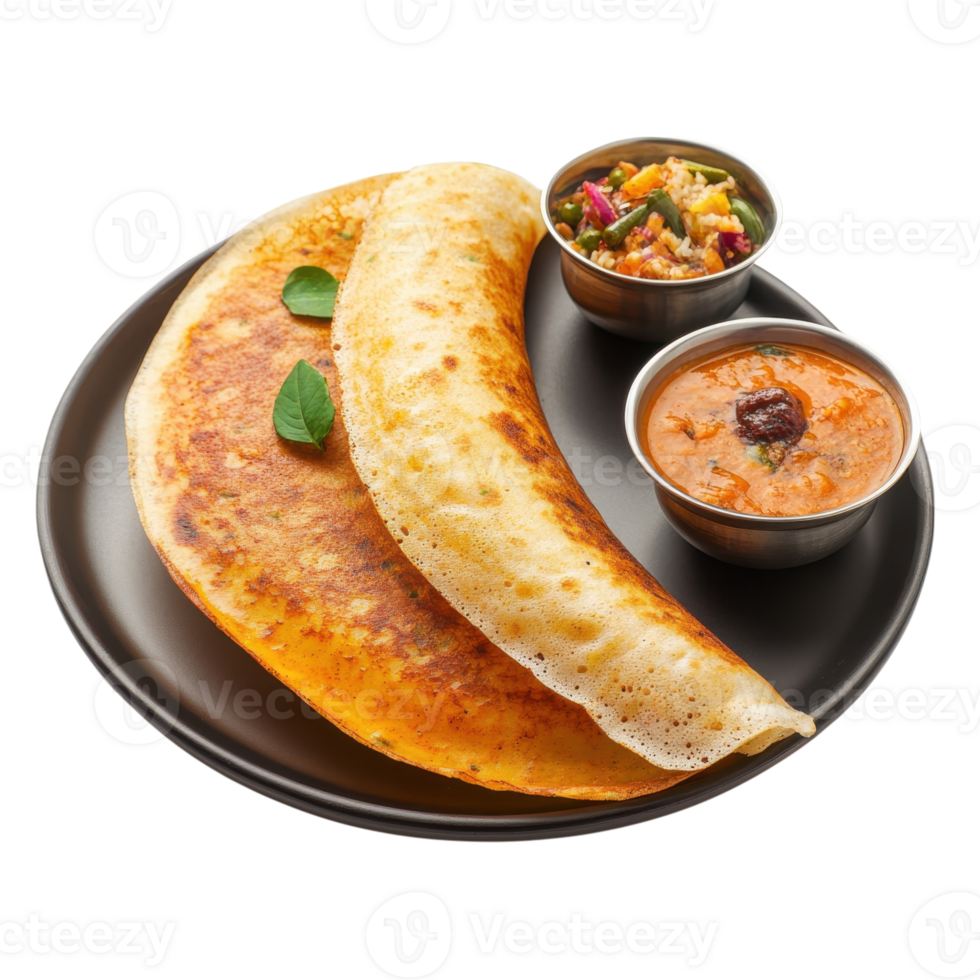 Dosa with dips on plate on transparent background png
