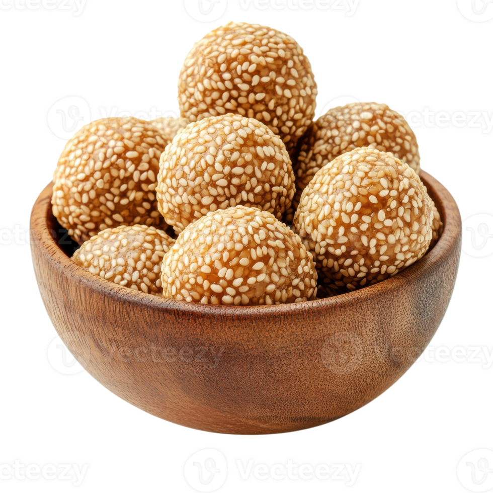 Sesame balls in wood bowl on transparent background png