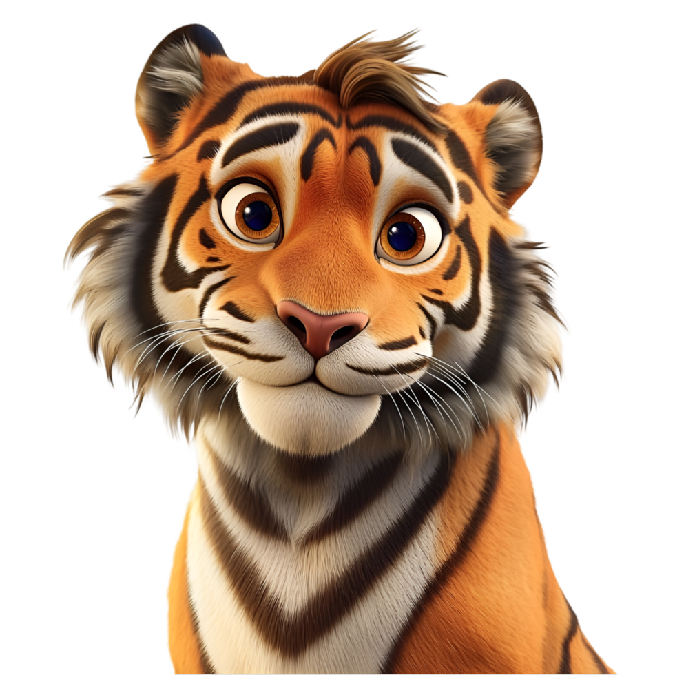 Realistic cartoon tiger character detailed lively bright expressive cute friendly animated face png