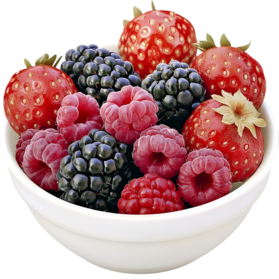 Fresh mixed berries in a white ceramic breakfast serving bowl png