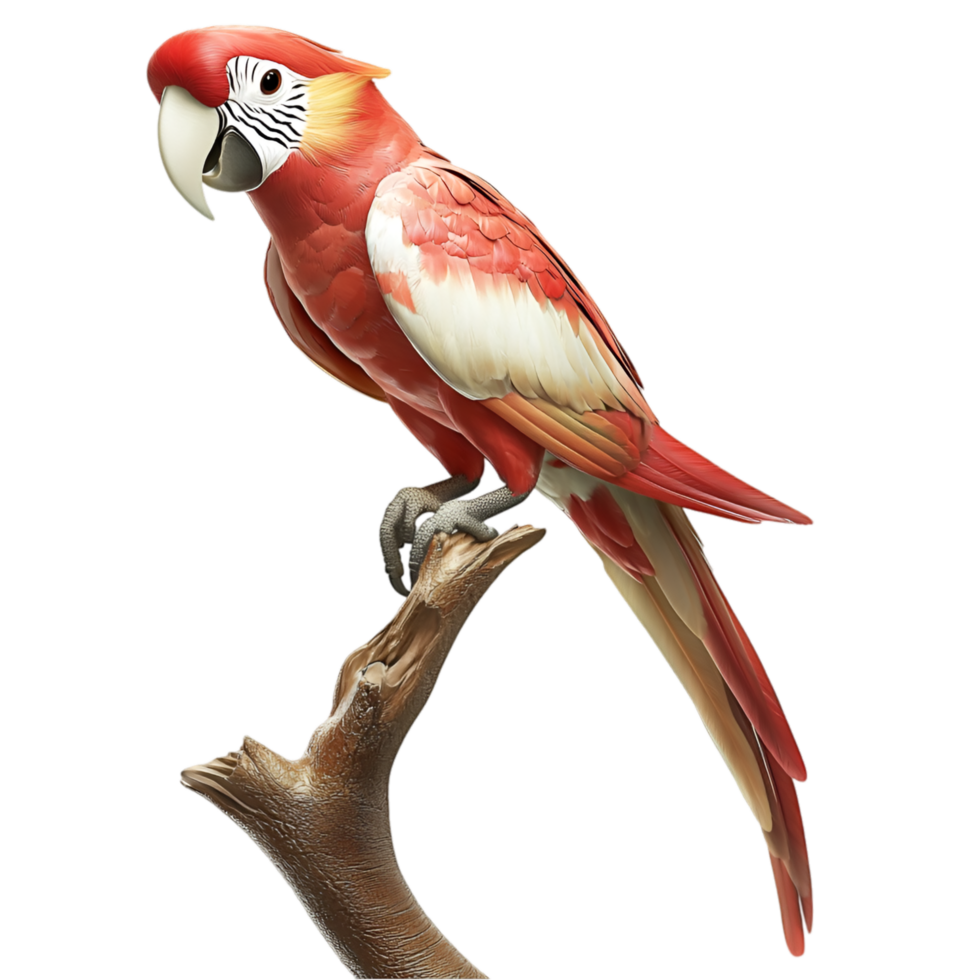 Red parrot perched on wooden branch elegant long vibrant tail feathers png