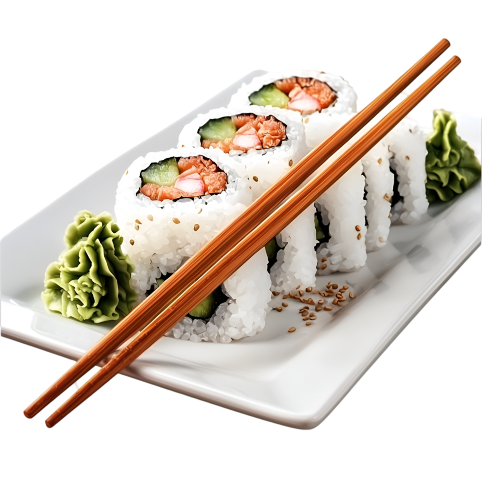 Japanese sushi rolls served neatly chopsticks wasabi and ginger png
