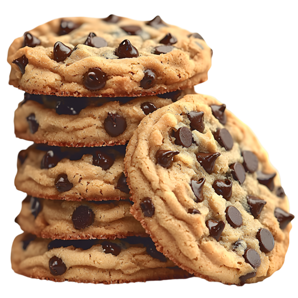 Freshly baked chocolate chip cookies stacked neatly on wooden plate png