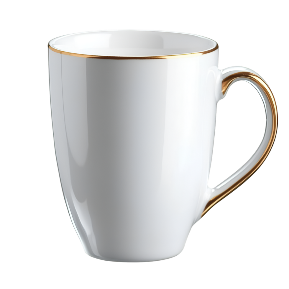 White ceramic coffee mug golden rim and stylish curved handle png