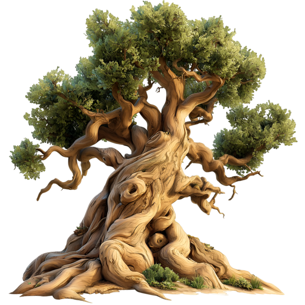 Ancient twisted tree thick brown bark and lush green leaves png