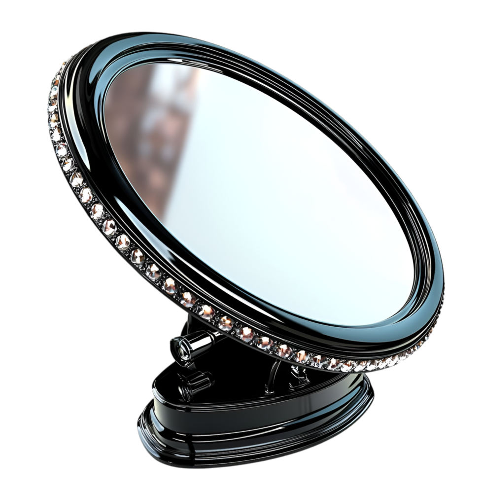 Black round cosmetic mirror elegant frame and adjustable standing base png