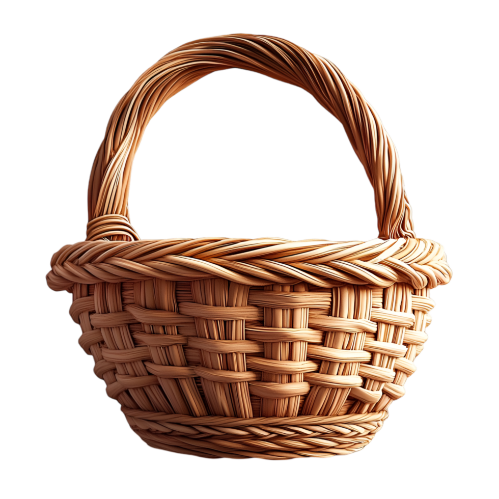Woven wicker basket sturdy curved handle and traditional rustic natural design png
