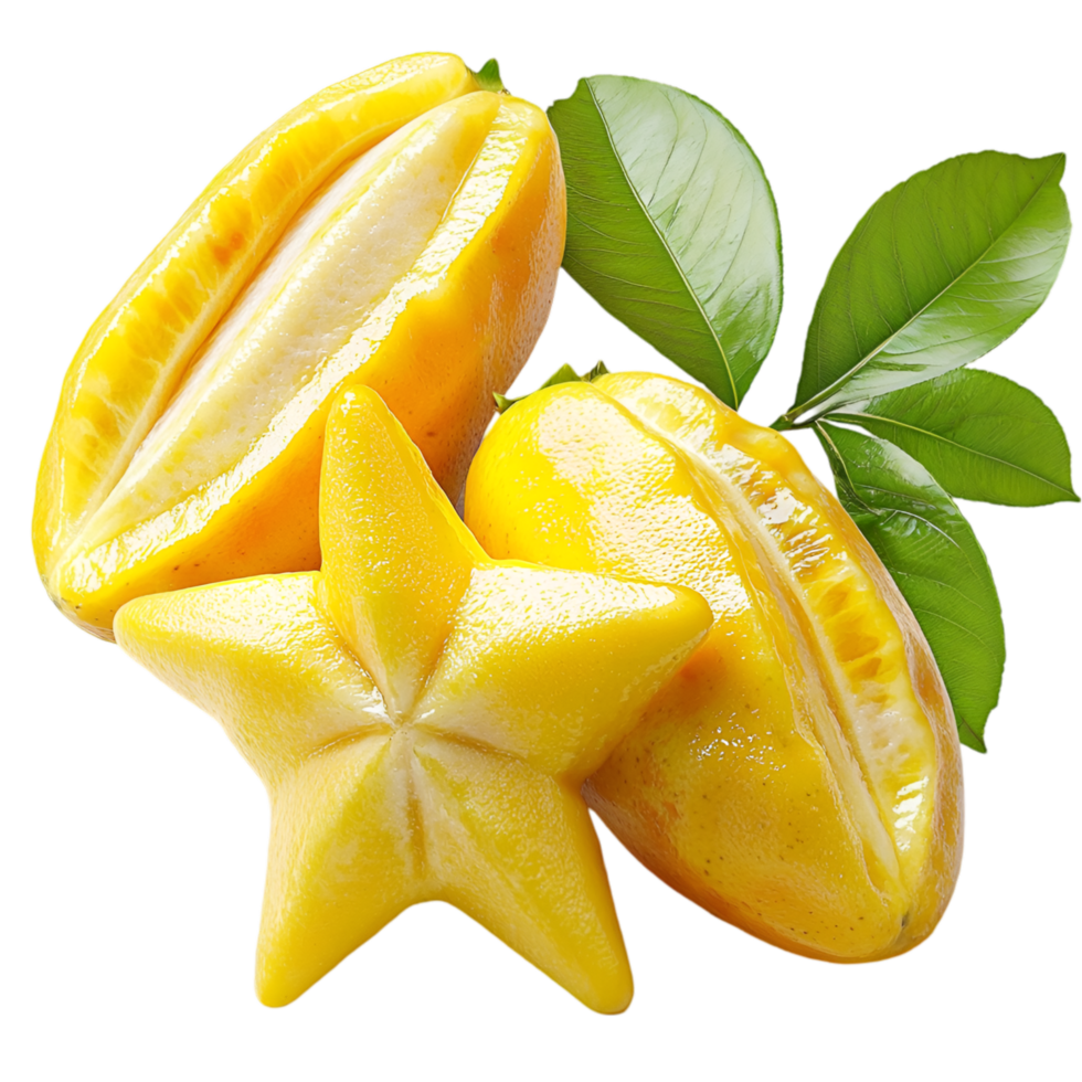 Yellow starfruit green leaves and fresh exotic tropical fruit png