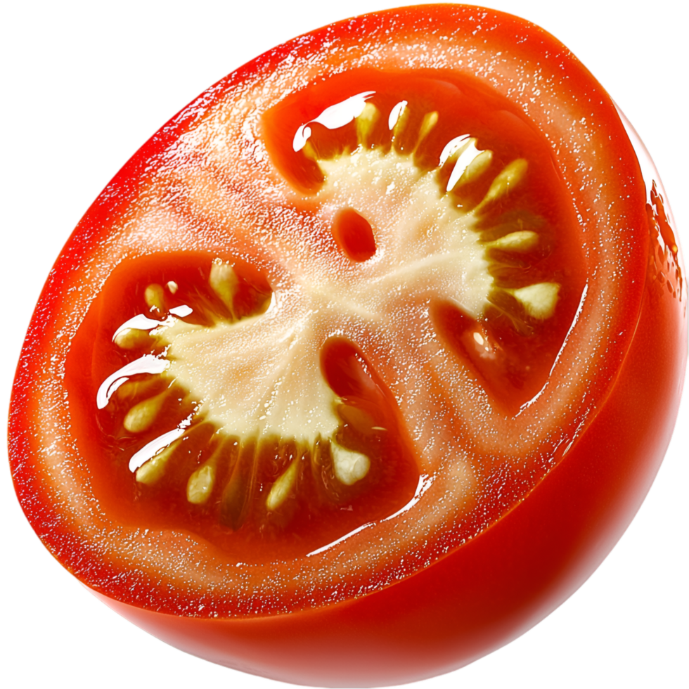 Fresh red tomato slice realistic seeds and juicy detailed texture png