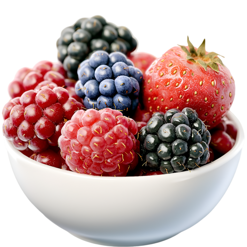 Bowl filled fresh mixed berries and delicious healthy fruits png