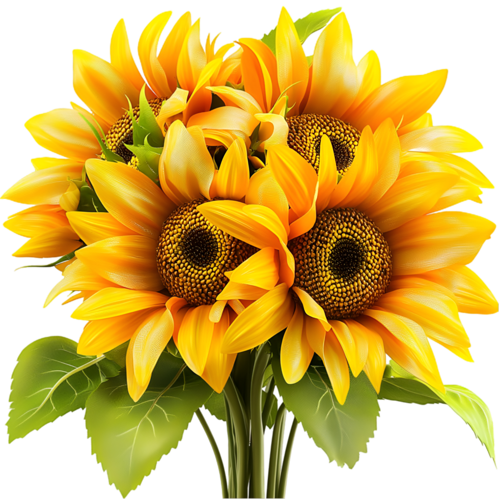 Bright yellow sunflowers green leaves and realistic natural blooming floral texture png