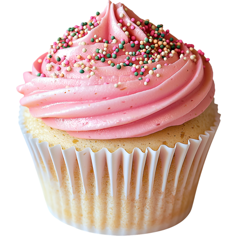 Pink frosted cupcake colorful sprinkles and soft fluffy texture png