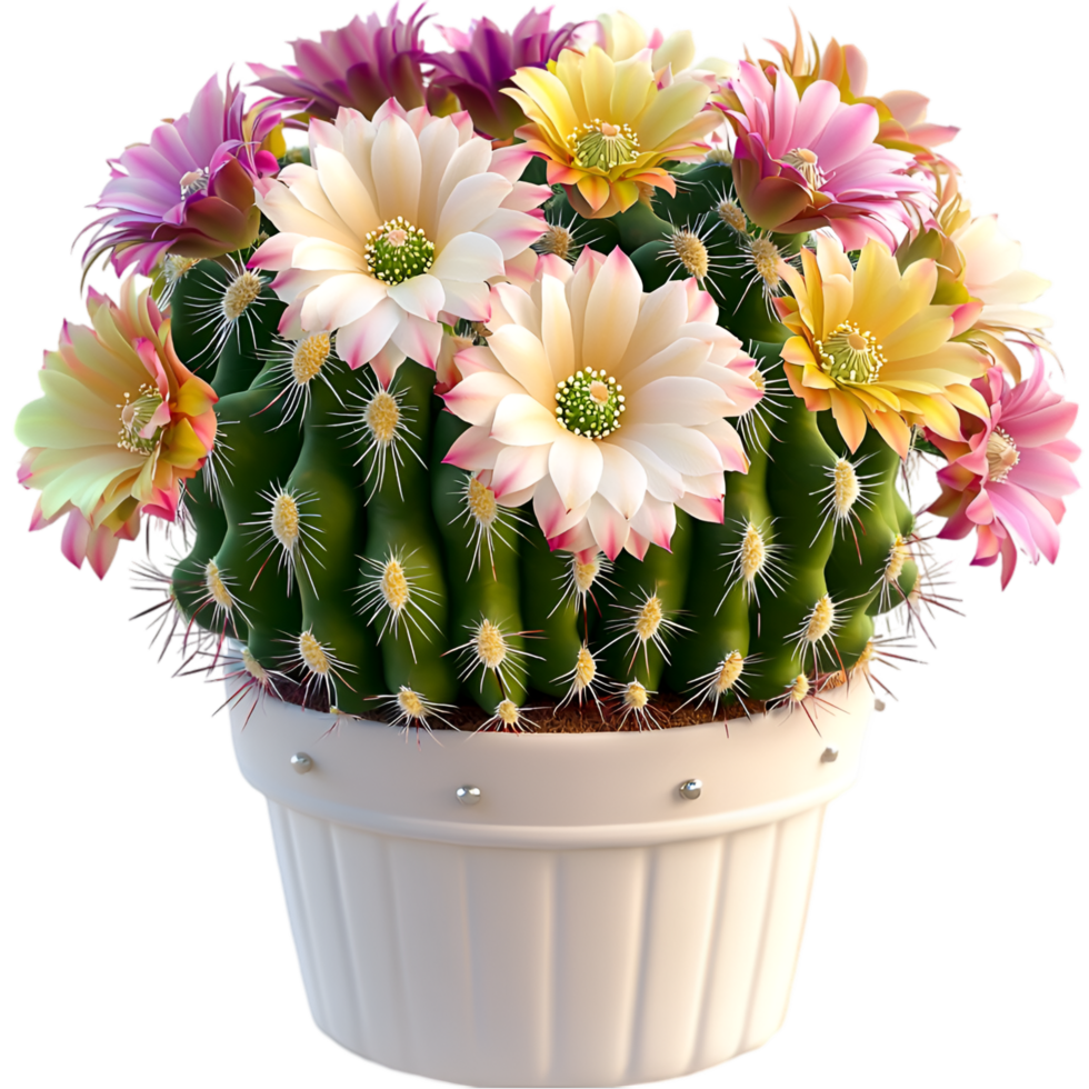 Potted cactus plant blooming pink flowers and green spiky texture png