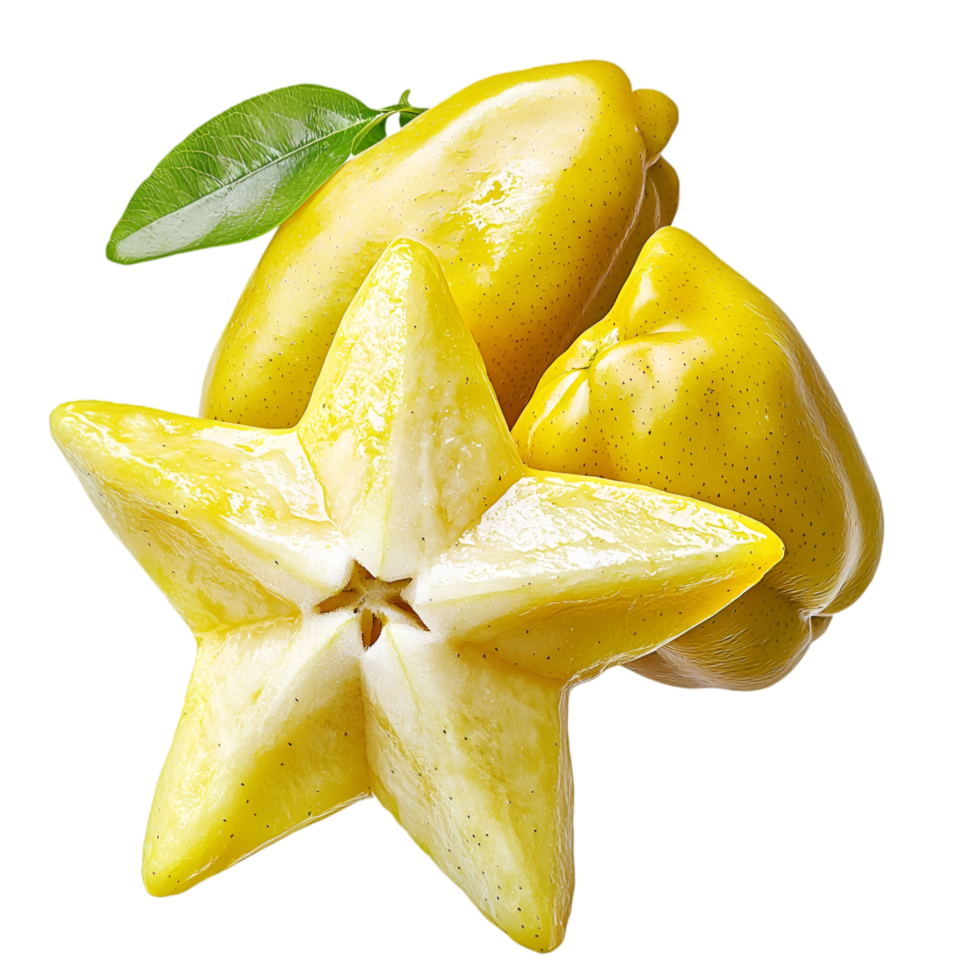 Fresh starfruit slice juicy texture and glossy yellow skin appearance png