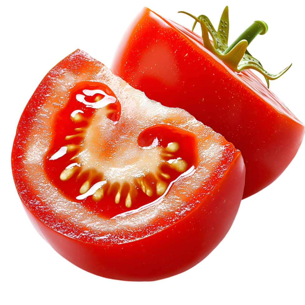 Freshly sliced tomato juicy pulp and green leafy stem png