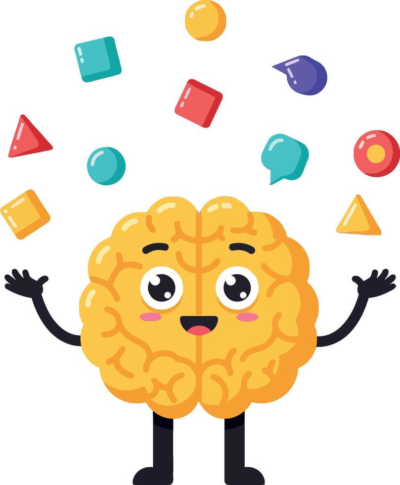 A cheerful brain character juggling colorful geometric shapes in a flat, playful design illustration vector