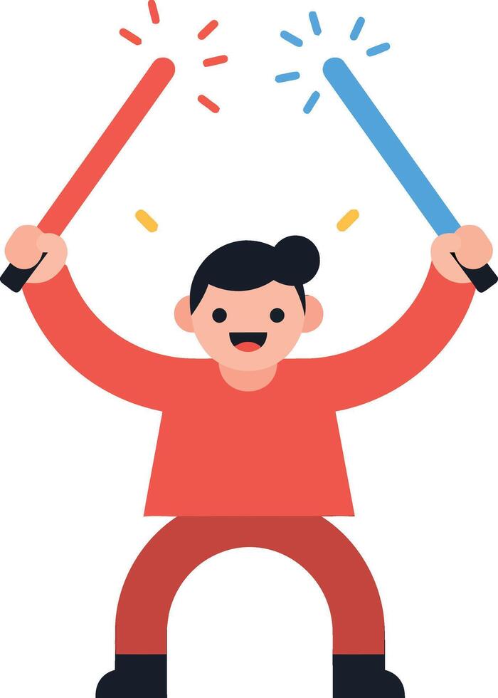 Happy child holding red and blue light sabers in a playful stance, flat illustration vector