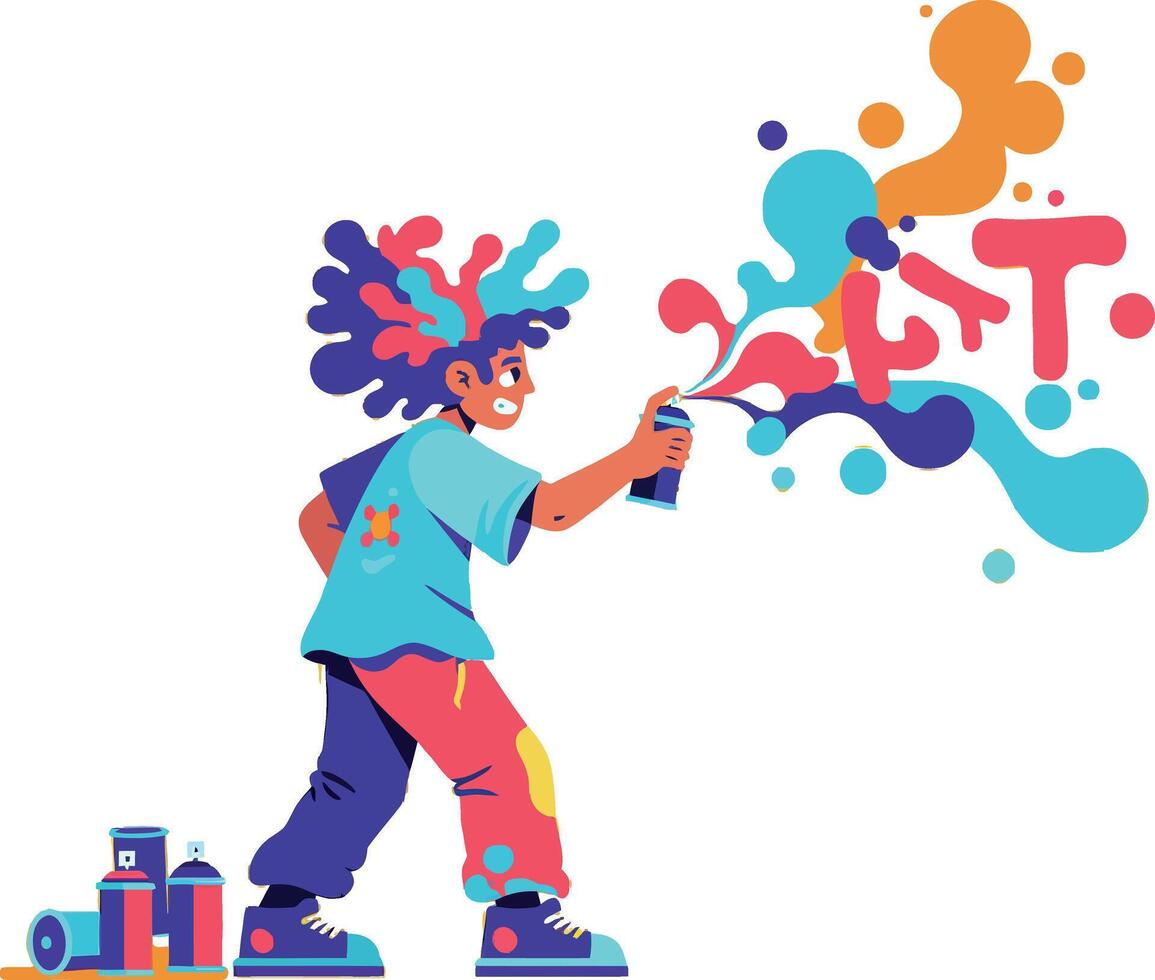 Young artist creating colorful graffiti using spray paint in a vibrant flat illustration vector