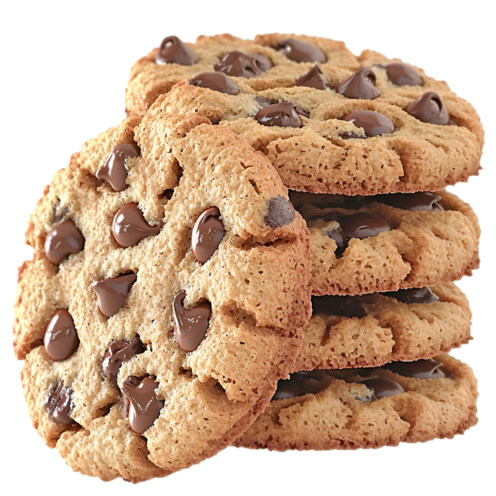 Stack of freshly baked chocolate chip cookies crispy golden texture png