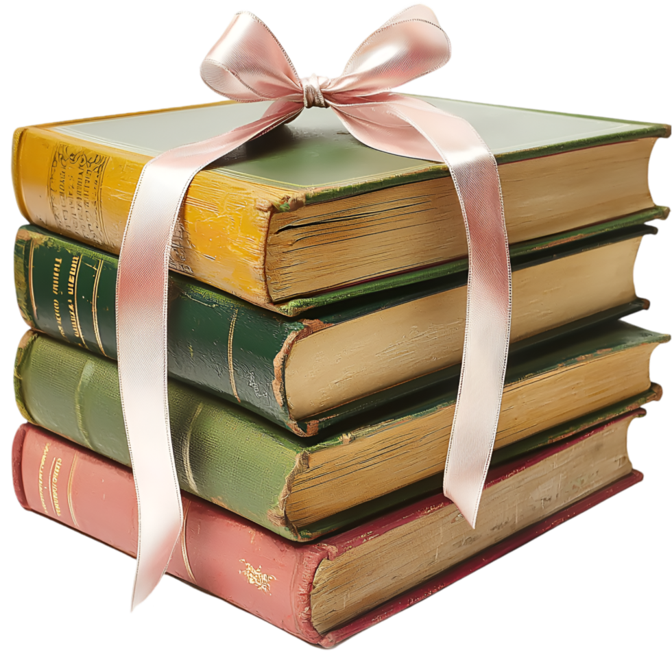 Stack of vintage books tied ribbon and old worn classic covers png
